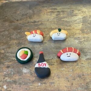 Handcrafted miniature sushi and soy sauce magnets set of 5
